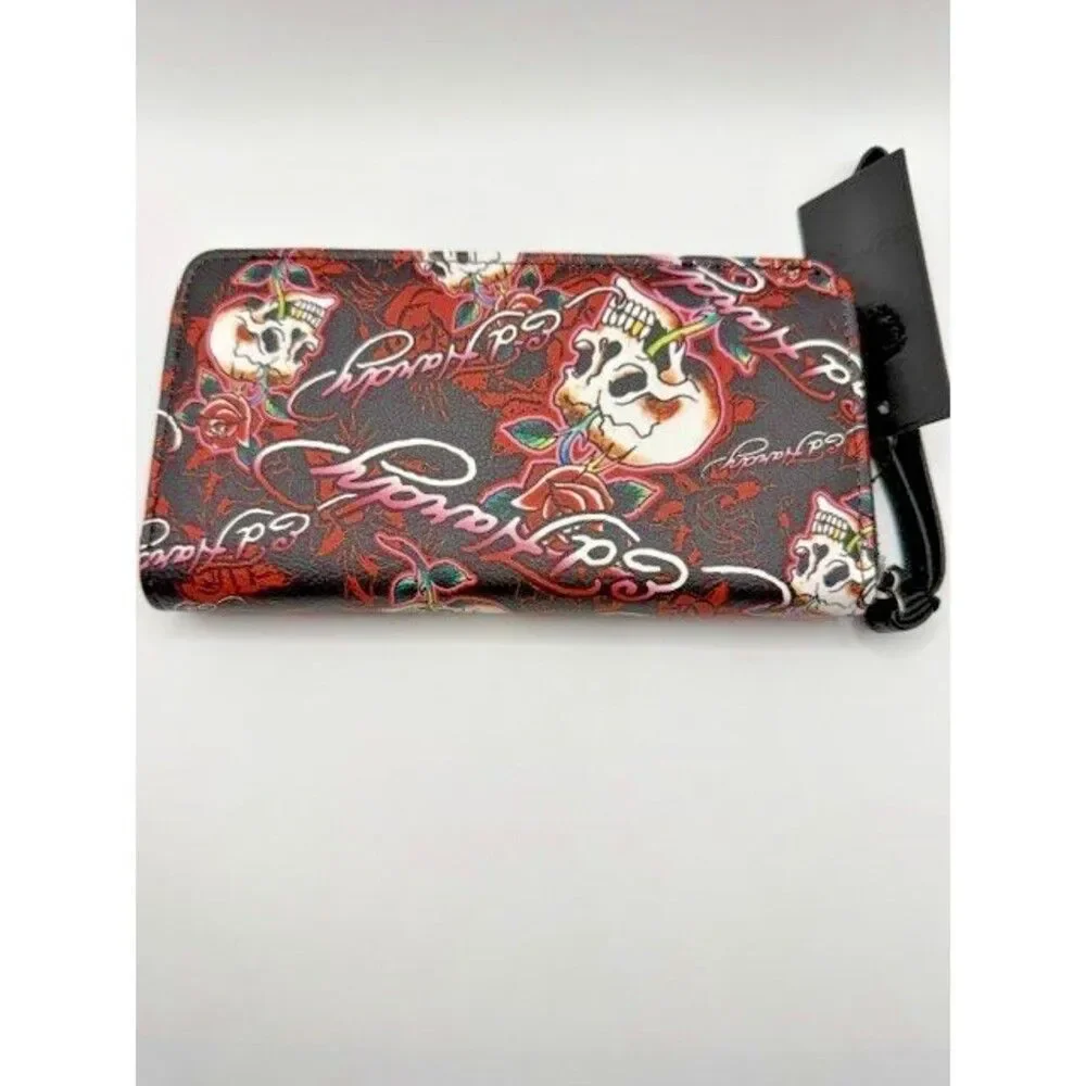 Ed Hardy Skull Rose Zip Around Wallet Wristlet Y2K Retro Black Red Tattoo New